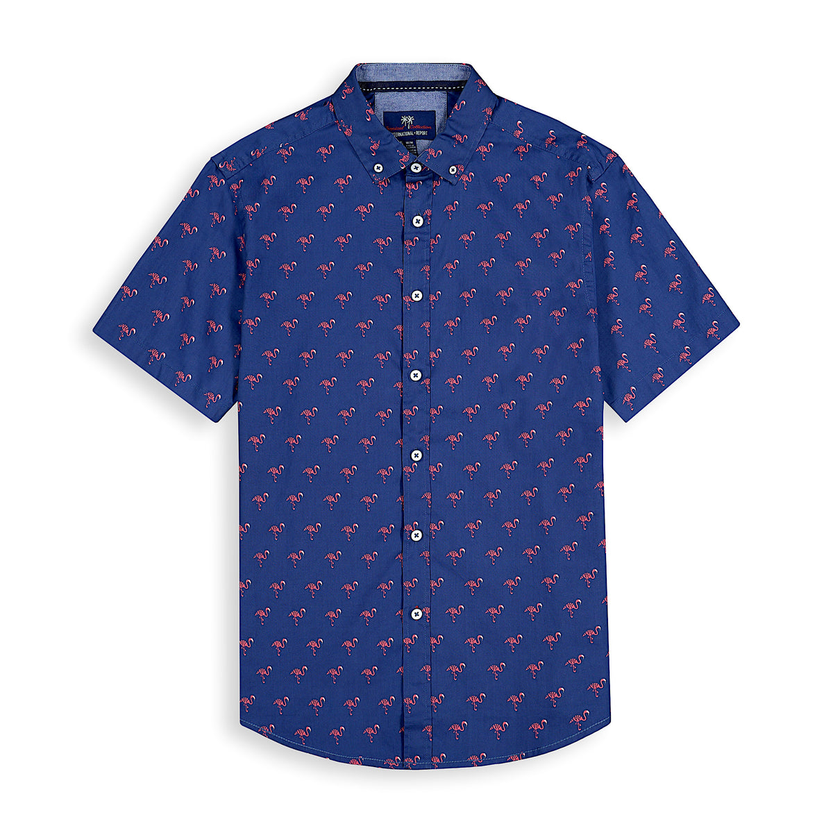 Front View of Short Sleeve Shirt with Flamingo Print in Navy