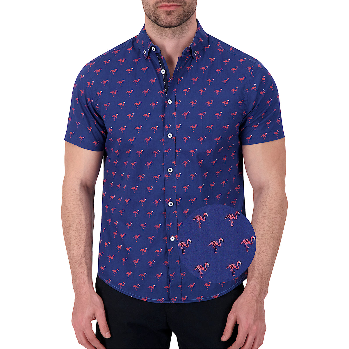 Model Front View of Short Sleeve Shirt with Flamingo Print in Navy with magnified view of material and print