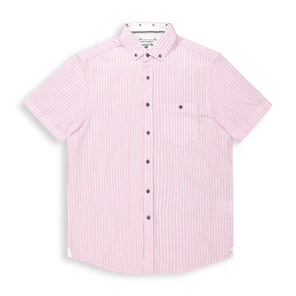 Front View of Short Sleeve Linen Blend Shirt with Stripes in Pink