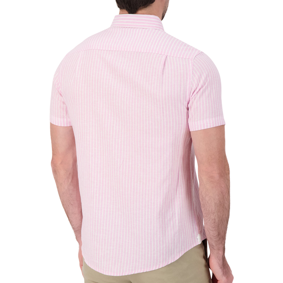 Model Back View of Short Sleeve Linen Blend Shirt with Stripes in Pink