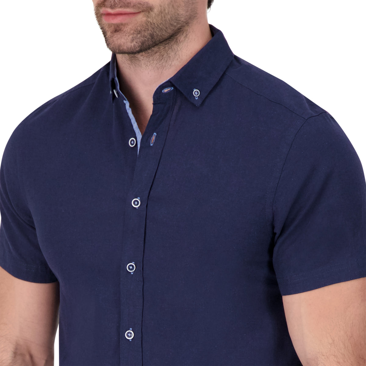 Model Front Up Close View of Short Sleeve Linen Blend Shirt in Navy