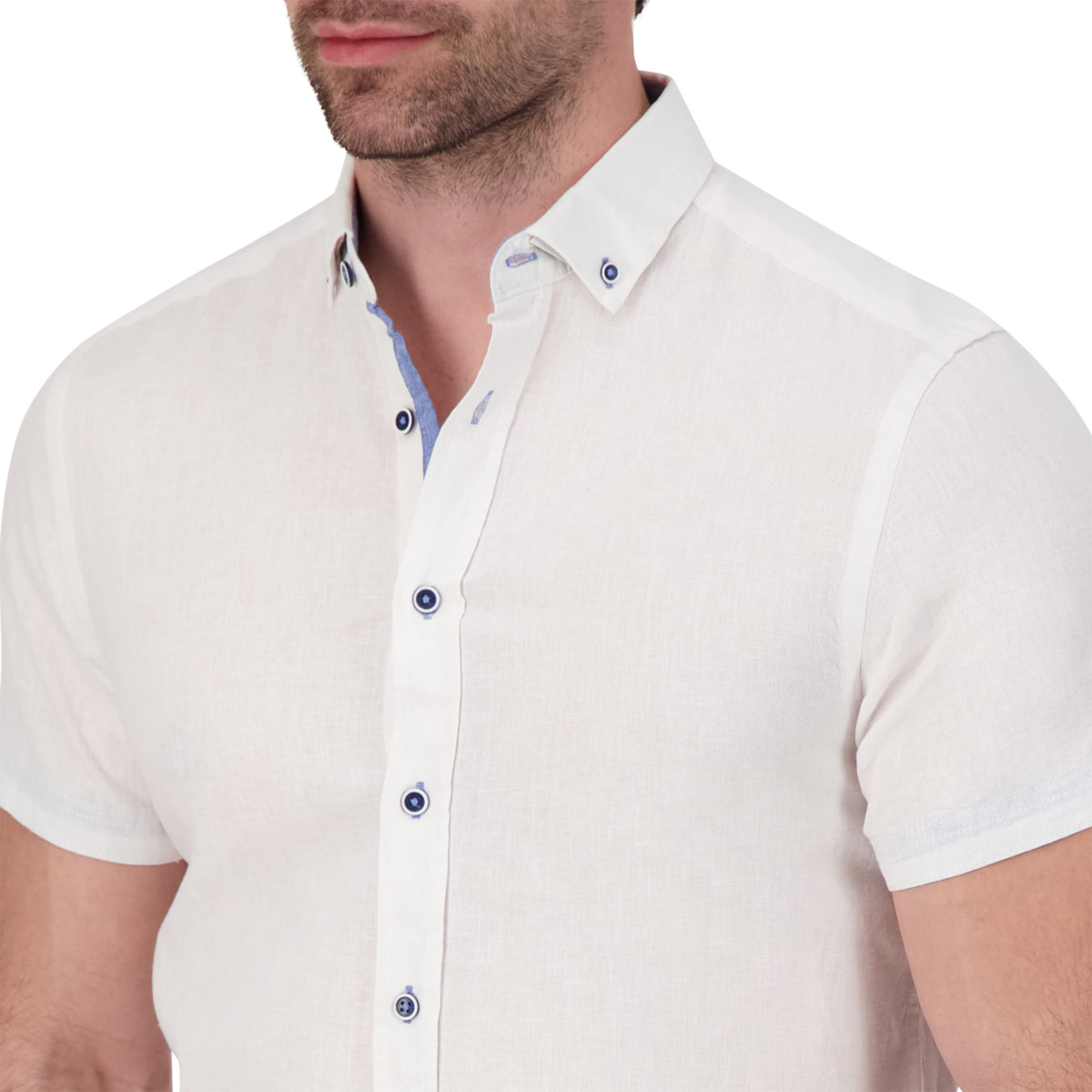 Model Front Up Close View of Short Sleeve Linen Blend Shirt in White