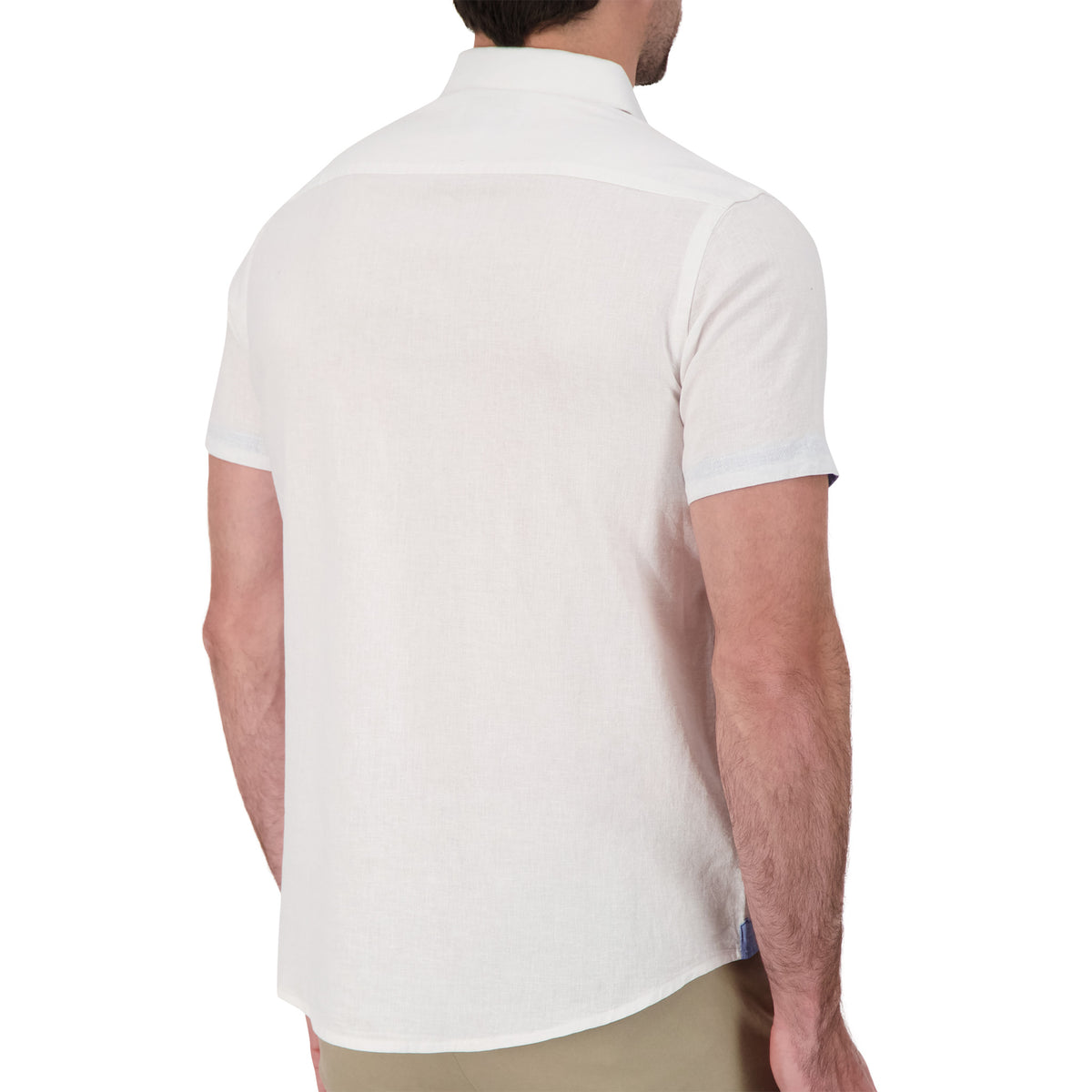Model Back View of Short Sleeve Linen Blend Shirt in White