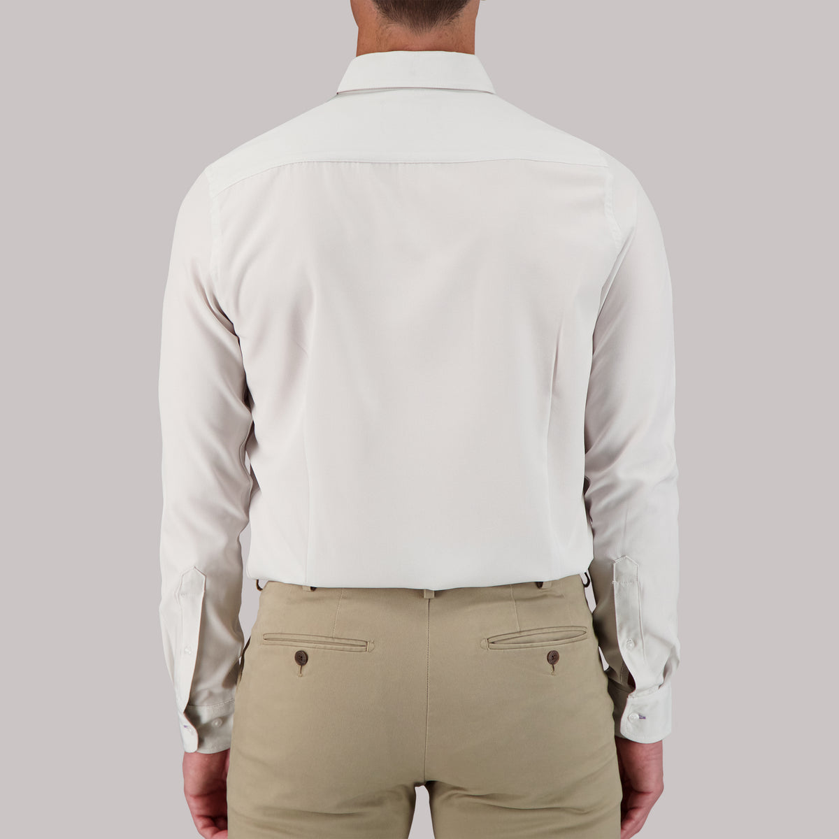Model Back View of Long Sleeve 4-Way Dress Shirt with Square Print in White