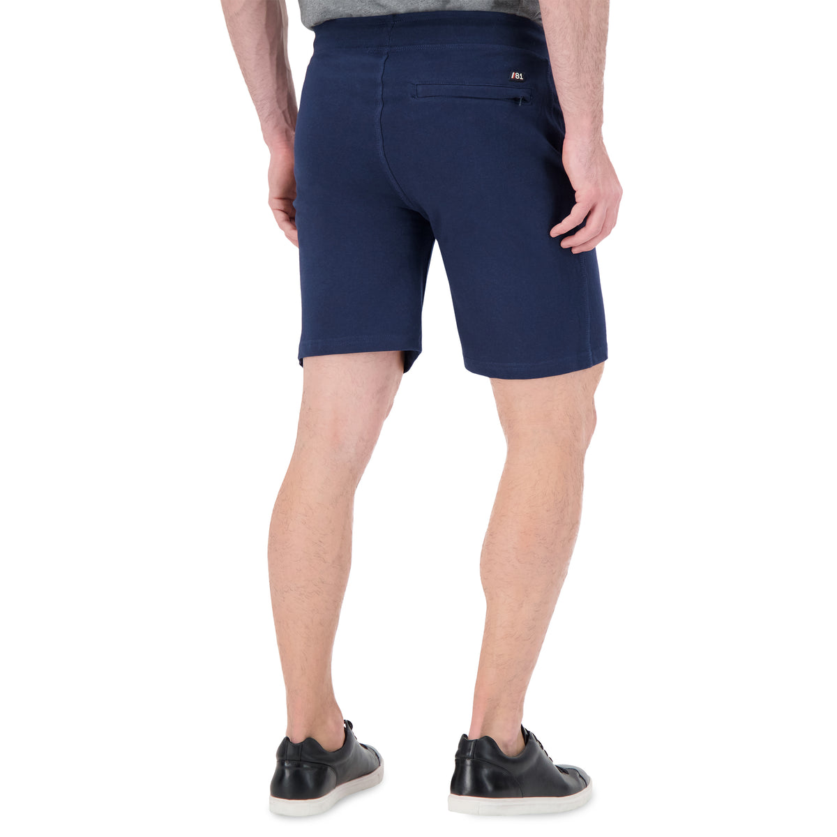 Model Back View of Drawcord Sweat Shorts in Navy