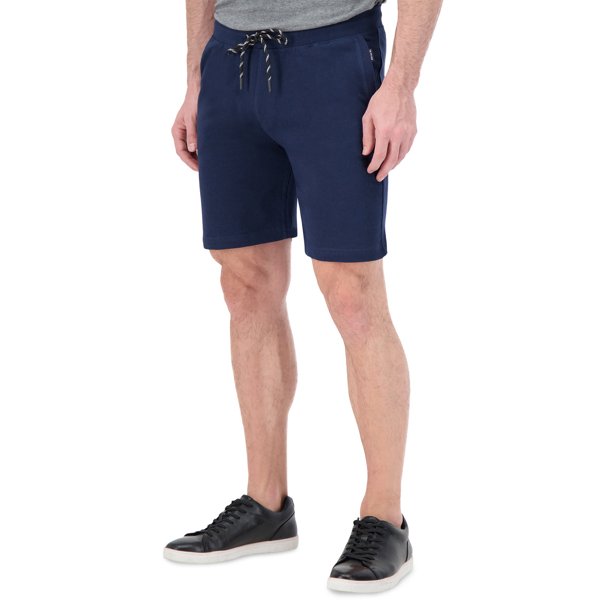 Model Side View of Drawcord Sweat Shorts in Navy