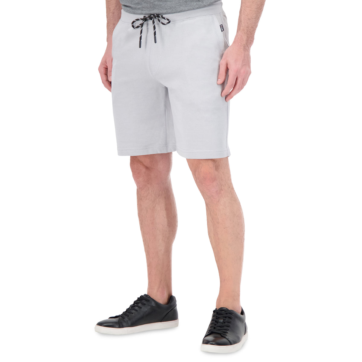 Model Side View of Drawcord Sweat Shorts in Grey