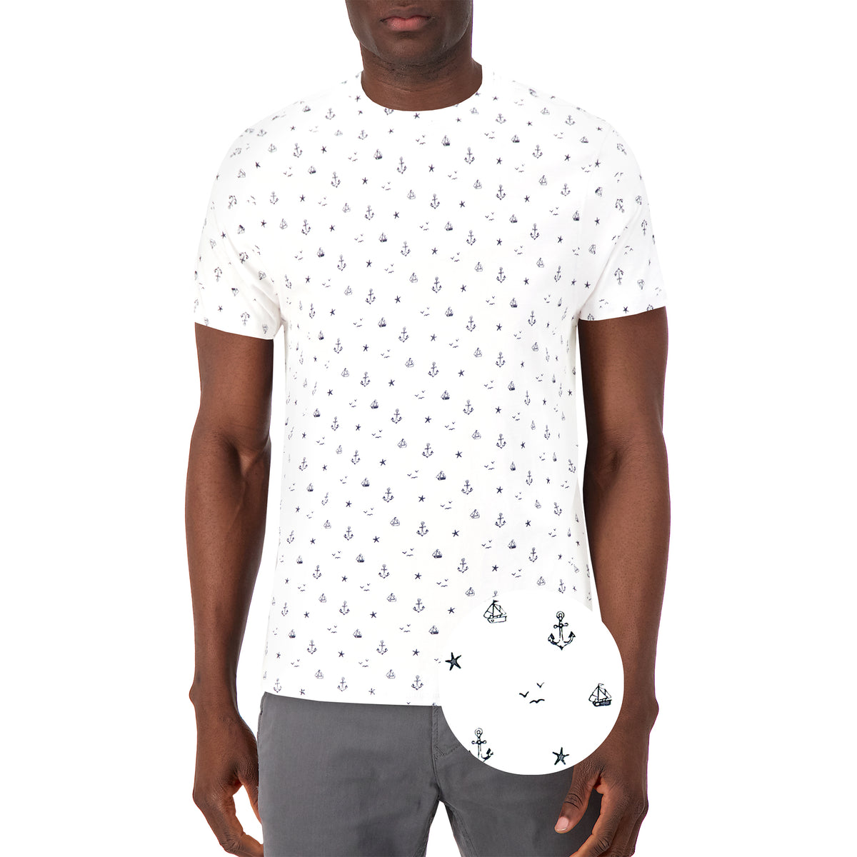 Model Front View of Short Sleeve Shirt with Nautical Print in White with magnified view of material and print