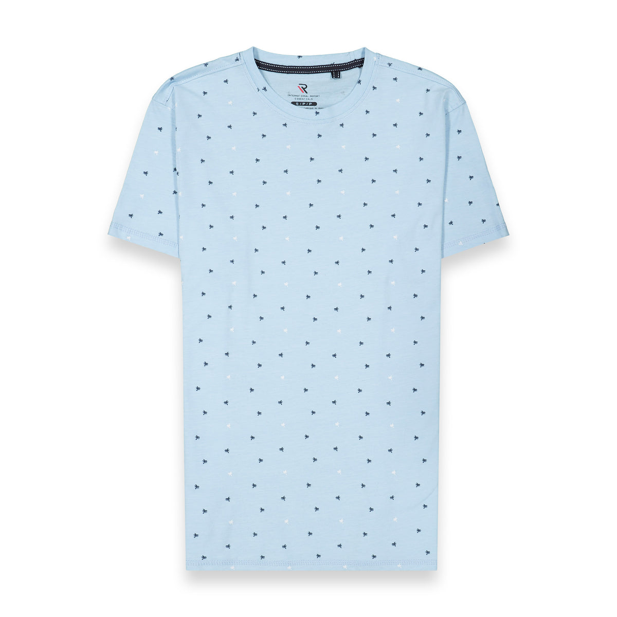 Front View of Short Sleeve Shirt with Palm Tree Print in Blue