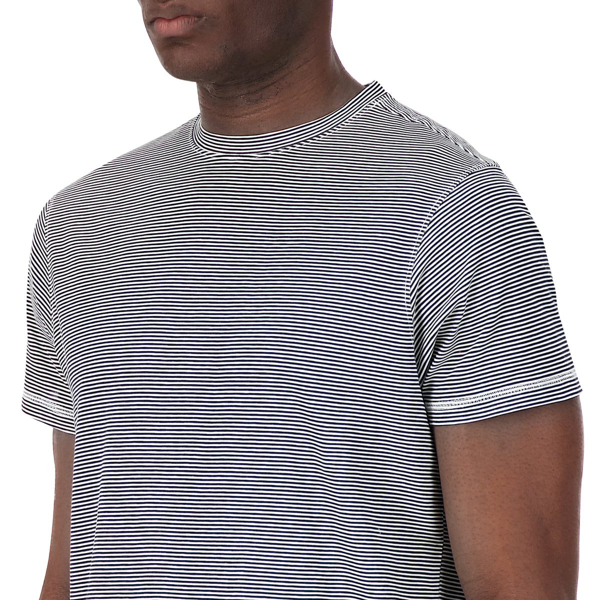 Model Front Close Up View of Short Sleeve Shirt with Mini Stripes Print in Black