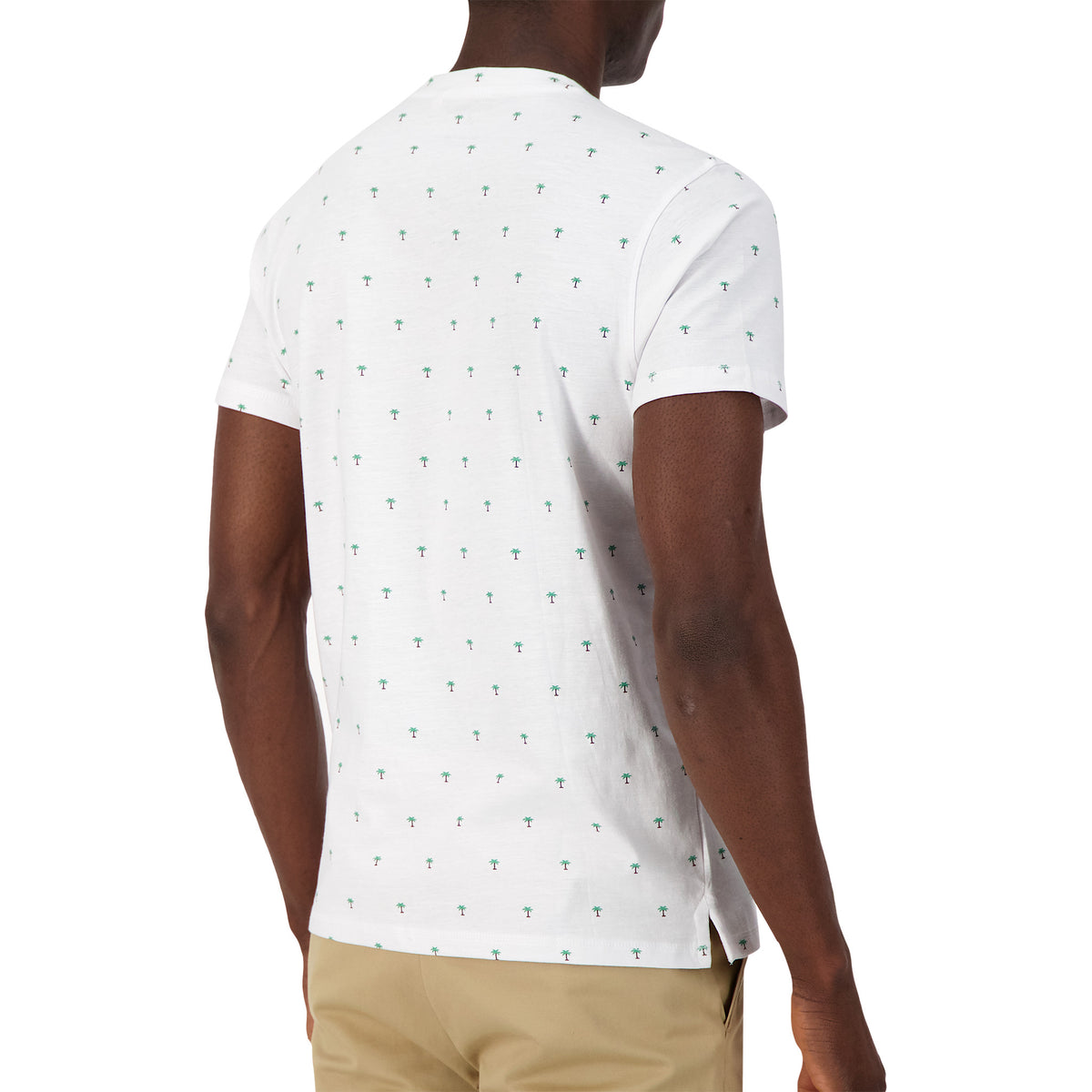 Model Back View of Short Sleeve Shirt with Palm Tree Print in White