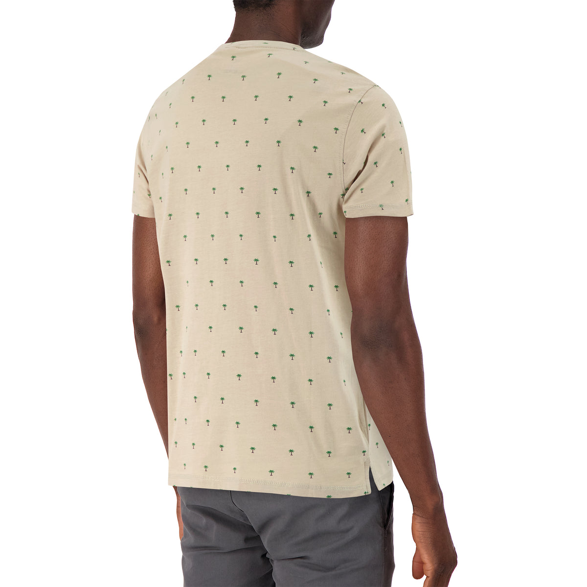 Model Back View of Short Sleeve Shirt with Palm Tree Print in Tan