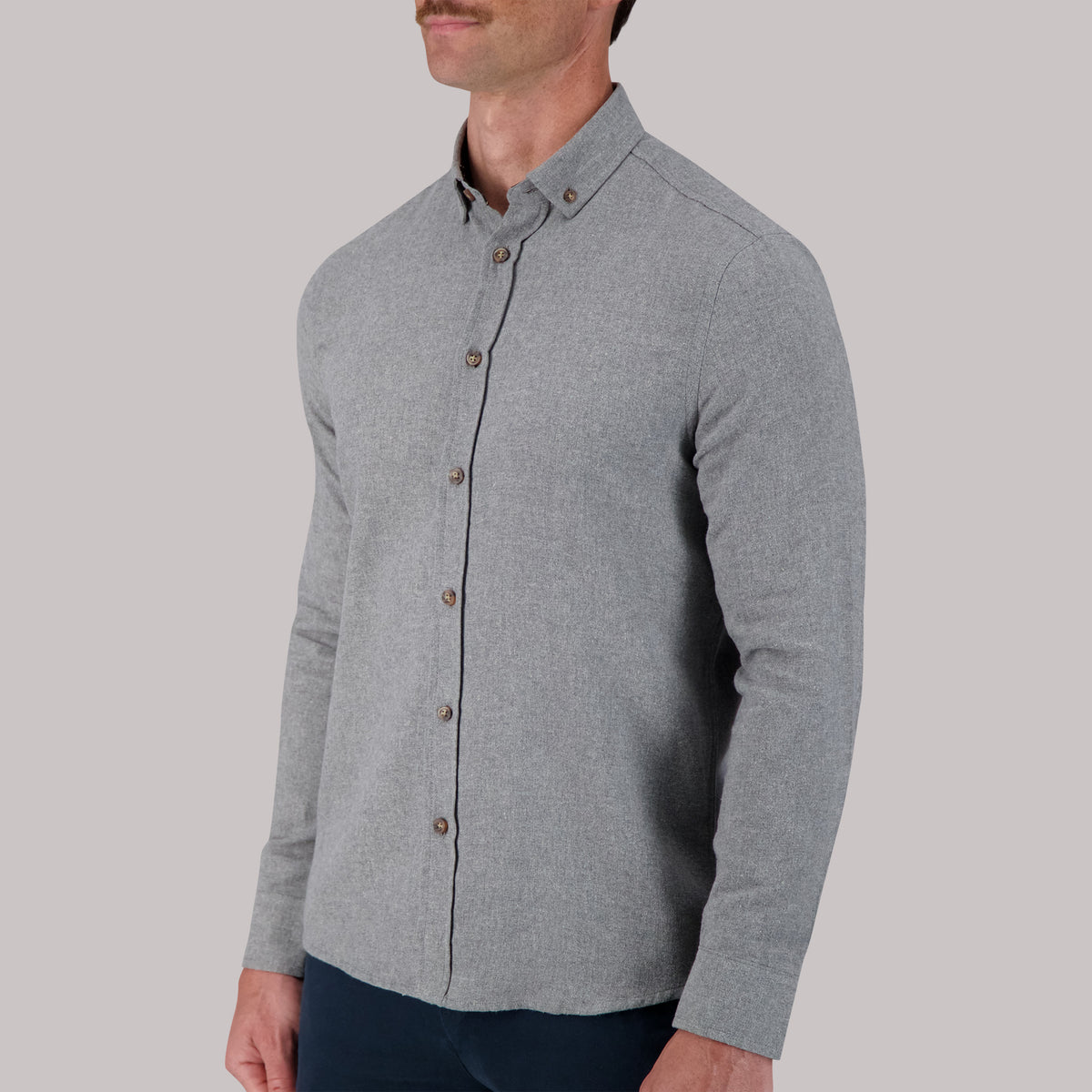 Long Sleeve Cotton Flannel Melange Woven Sport Shirt in Light Gray