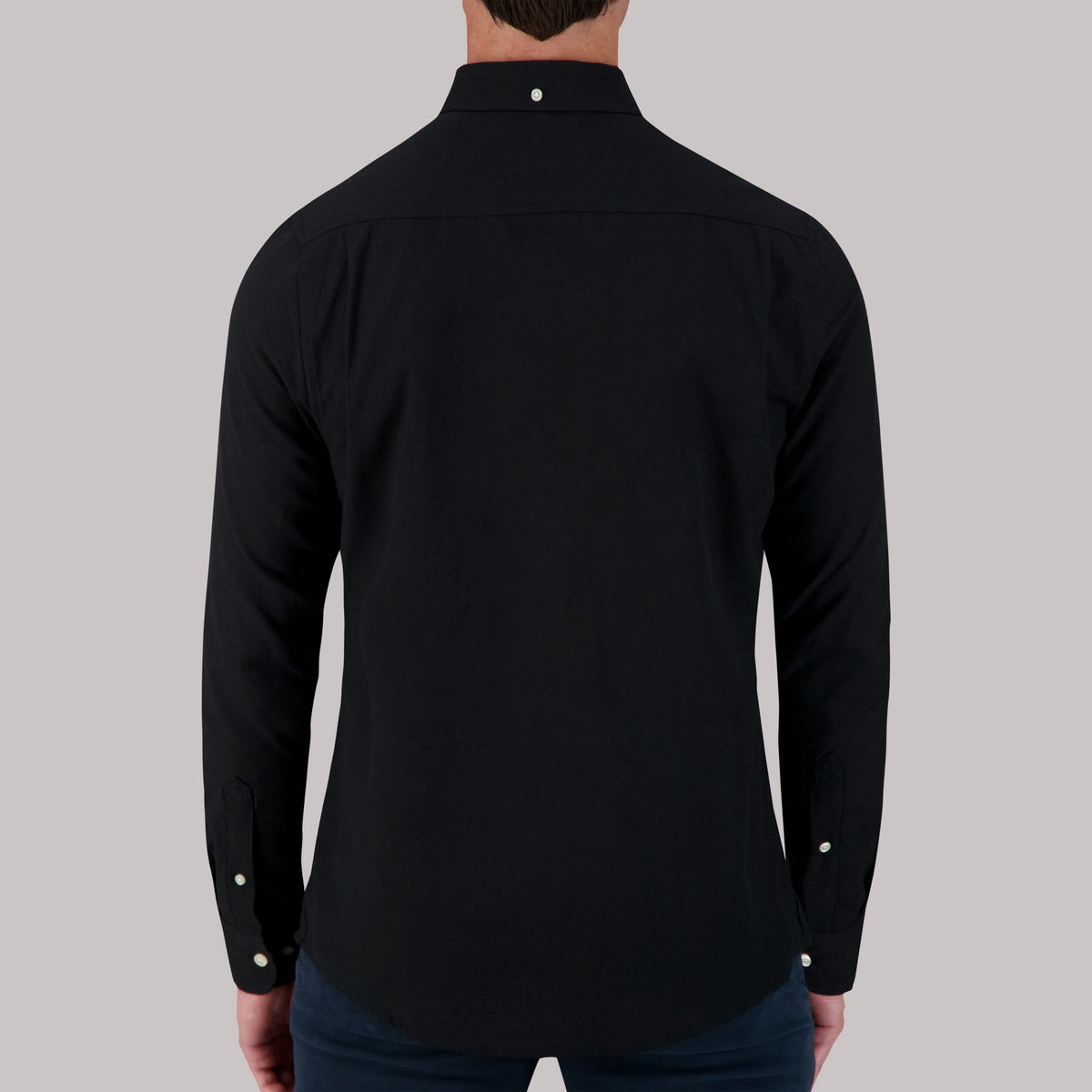 Model Back View of Long Sleeve Oxford Sport Shirt in Black