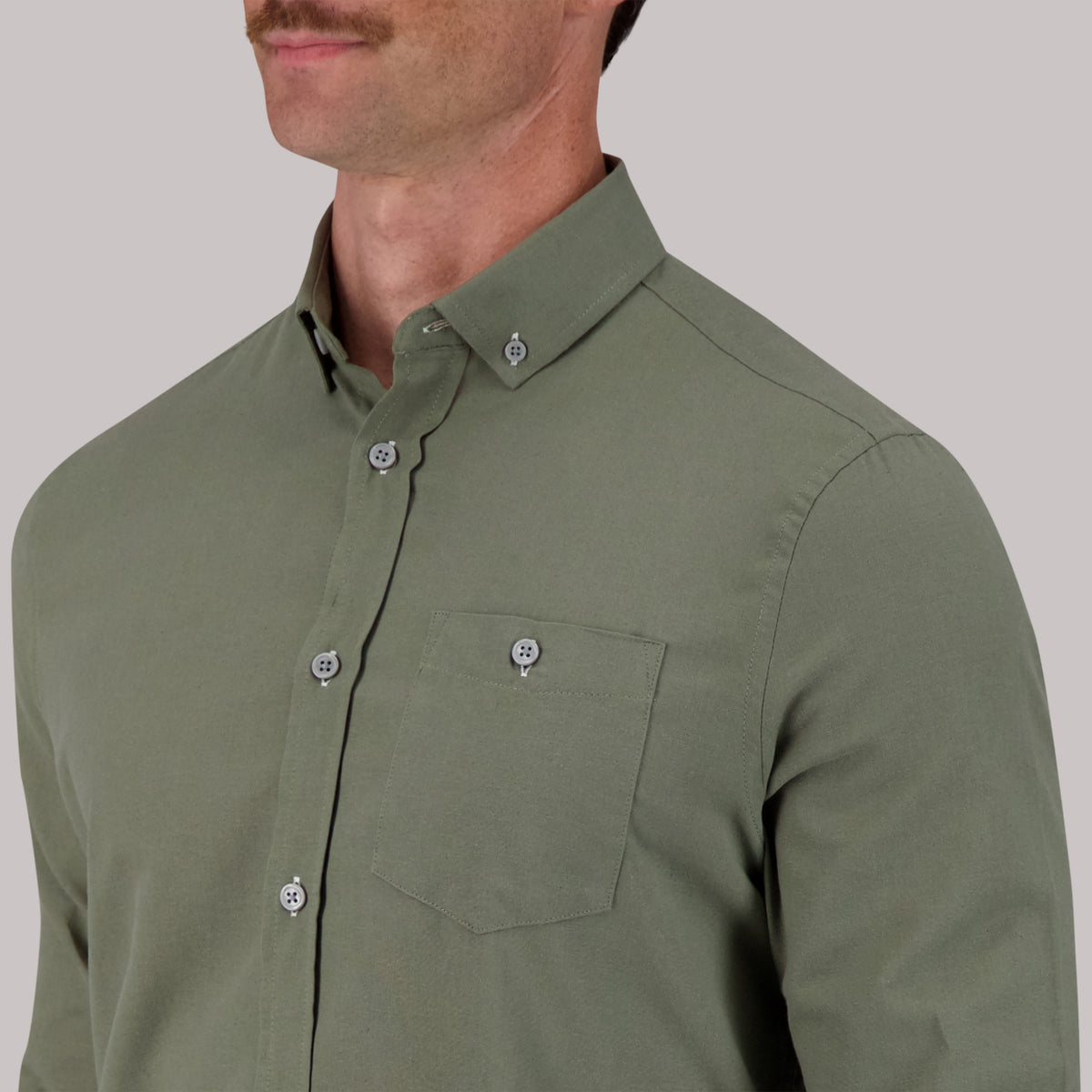Model Front View Up Close of Long Sleeve Oxford Sport Shirt in Moss