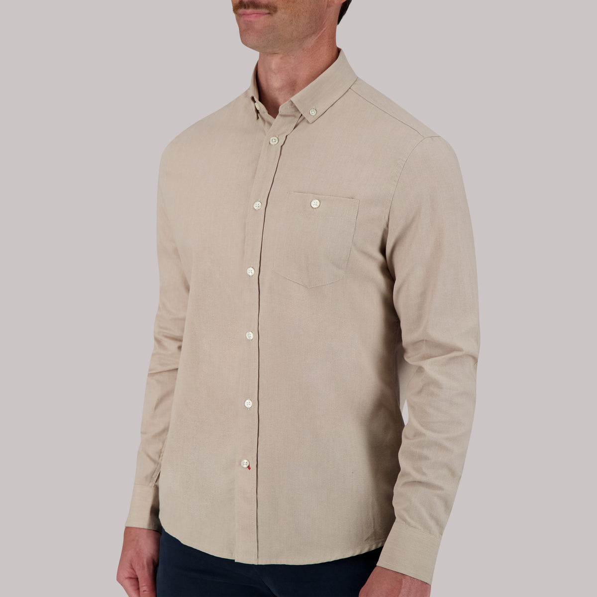 Model Side View of Long Sleeve Oxford Sport Shirt in Sand