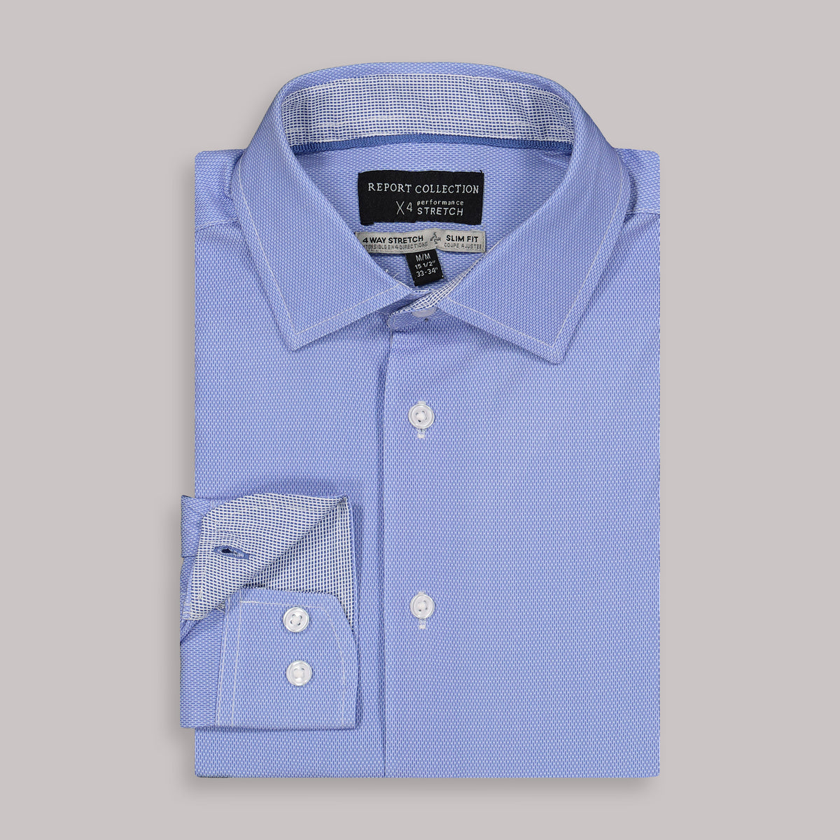 Folded View of Long Sleeve 4-Way Dress Shirt with Square Print in Blue