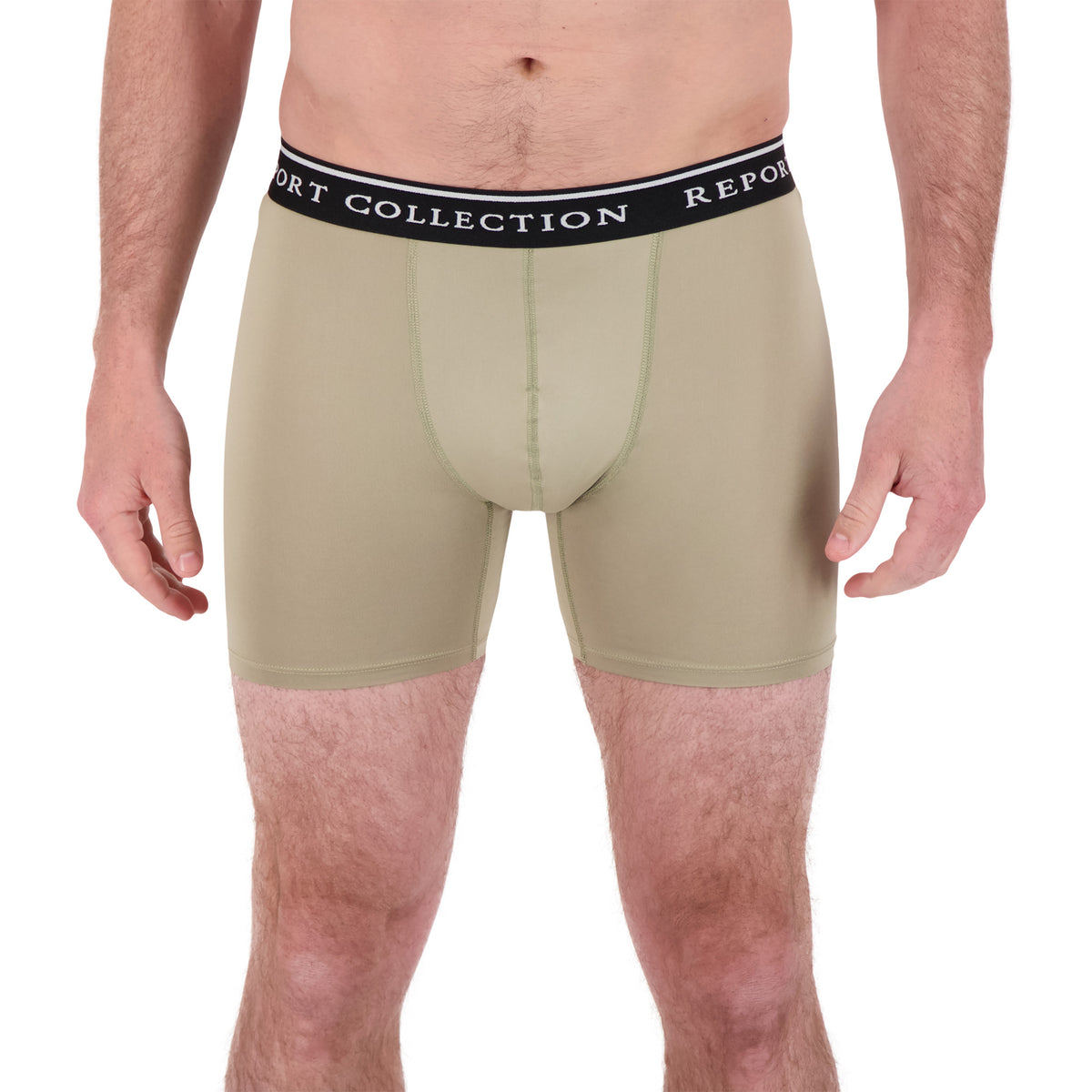 Model Front View of Boxer Underwear in Taupe