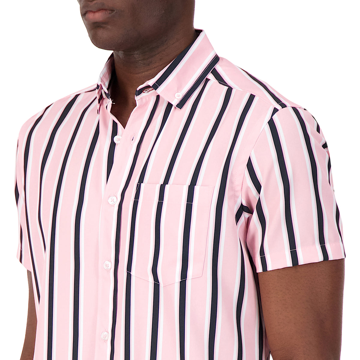 Model Side View of Short Sleeve 4-Way Stretch Shirt with Stripes in Pink