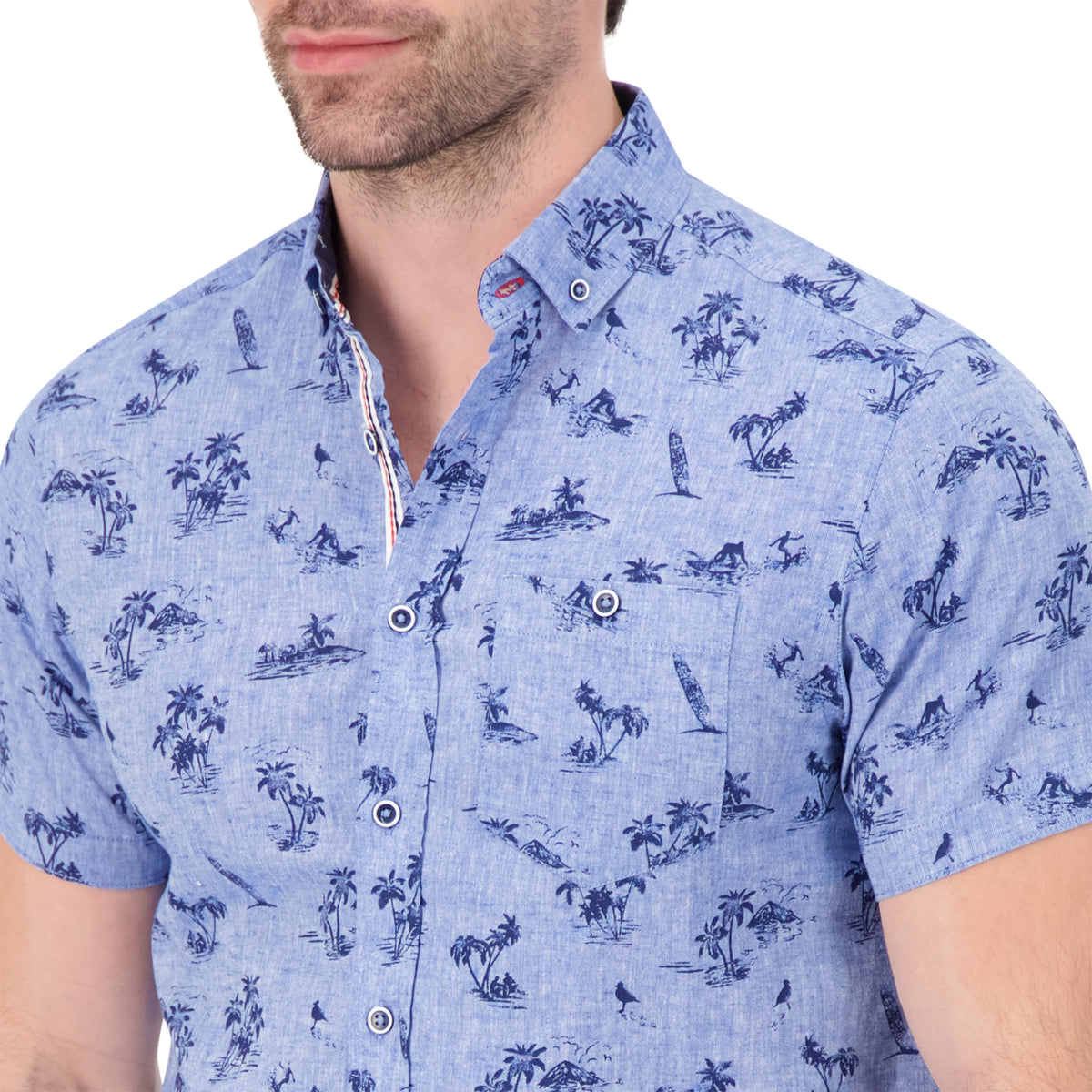 Model Front Up Close View of Short Sleeve Linen Blend Shirt with Palm Tree Print in Chambray
