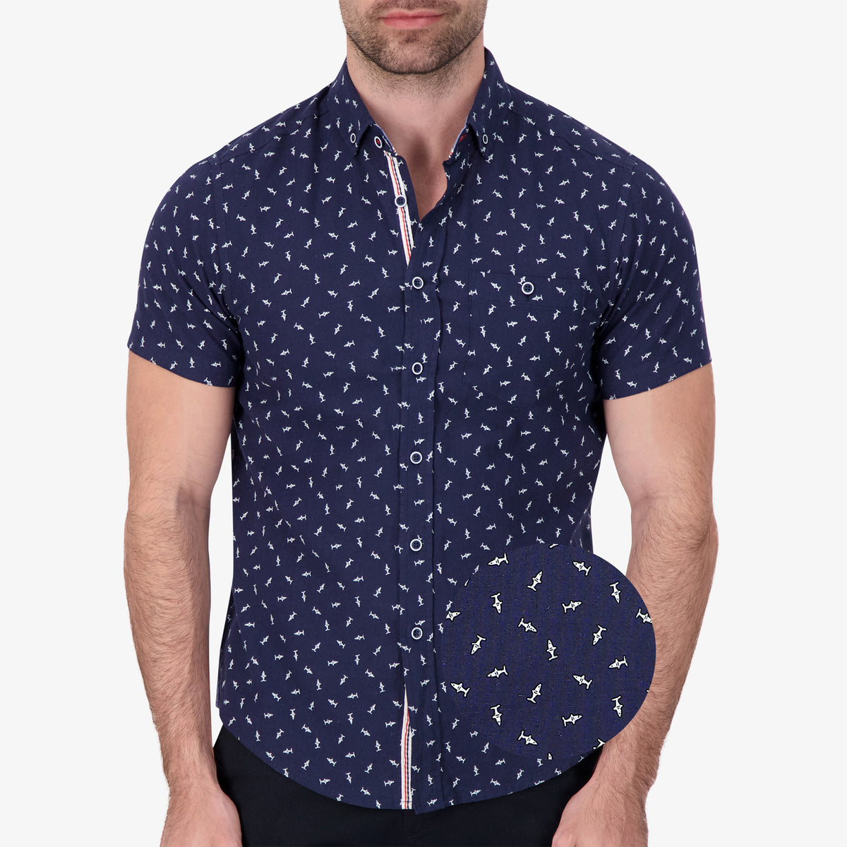 Model Front View of Short Sleeve Linen Blend Shirt with Shark Print in Navy with magnified view of material and print