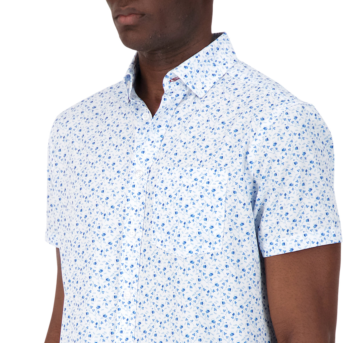 Model Side View of Short Sleeve 4-Way Stretch Shirt with Floral Print in Blue