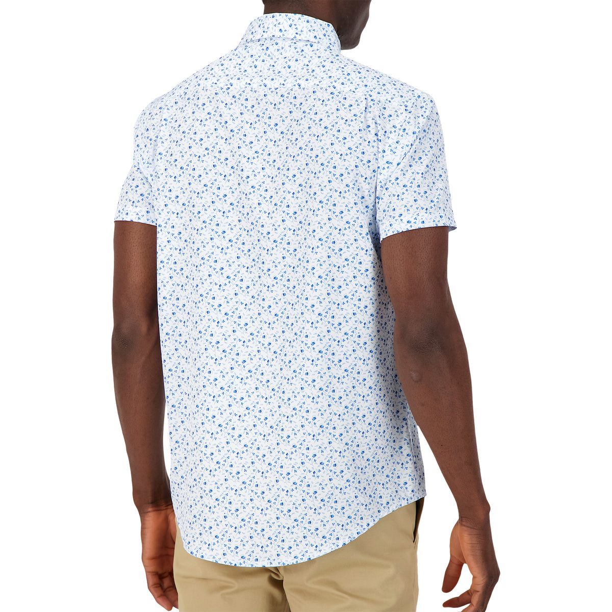 Model Back view of Short Sleeve 4-Way Stretch Shirt with Floral Print in Blue