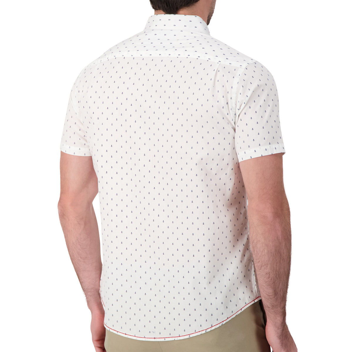 Model Back View of Short Sleeve Shirt with Anchor Print in White