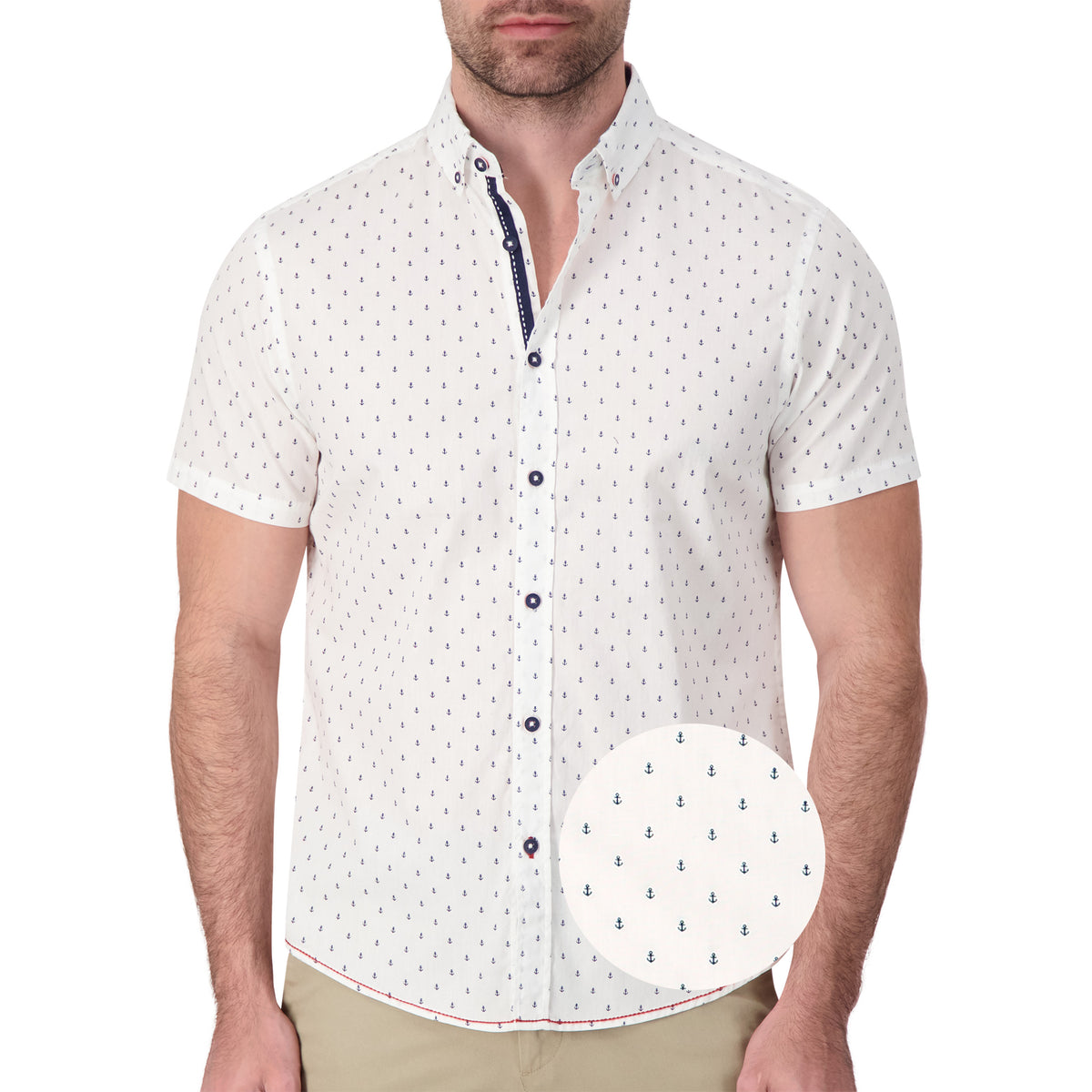 Model Front View of Short Sleeve Shirt with Anchor Print in White with magnified view of material and print