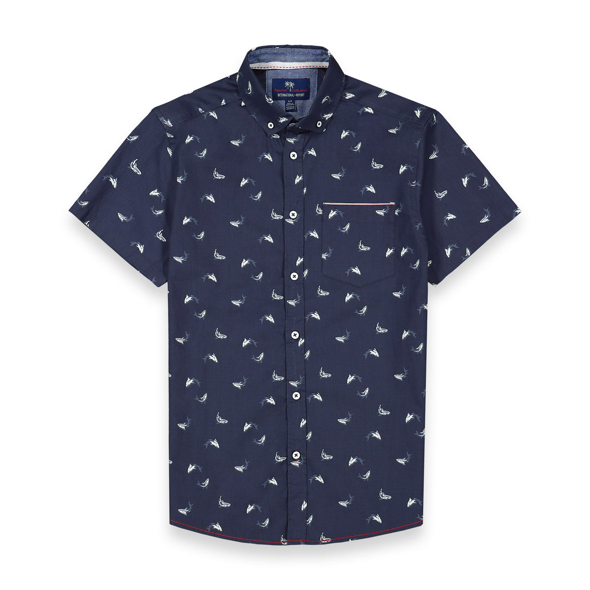 Front View of Short Sleeve Shirt with Shark Print in Navy