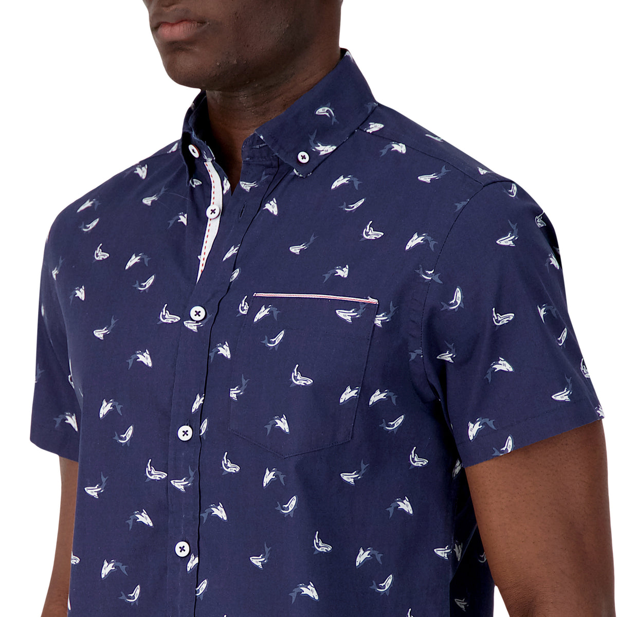 Model Side View of Short Sleeve Shirt with Shark Print in Navy