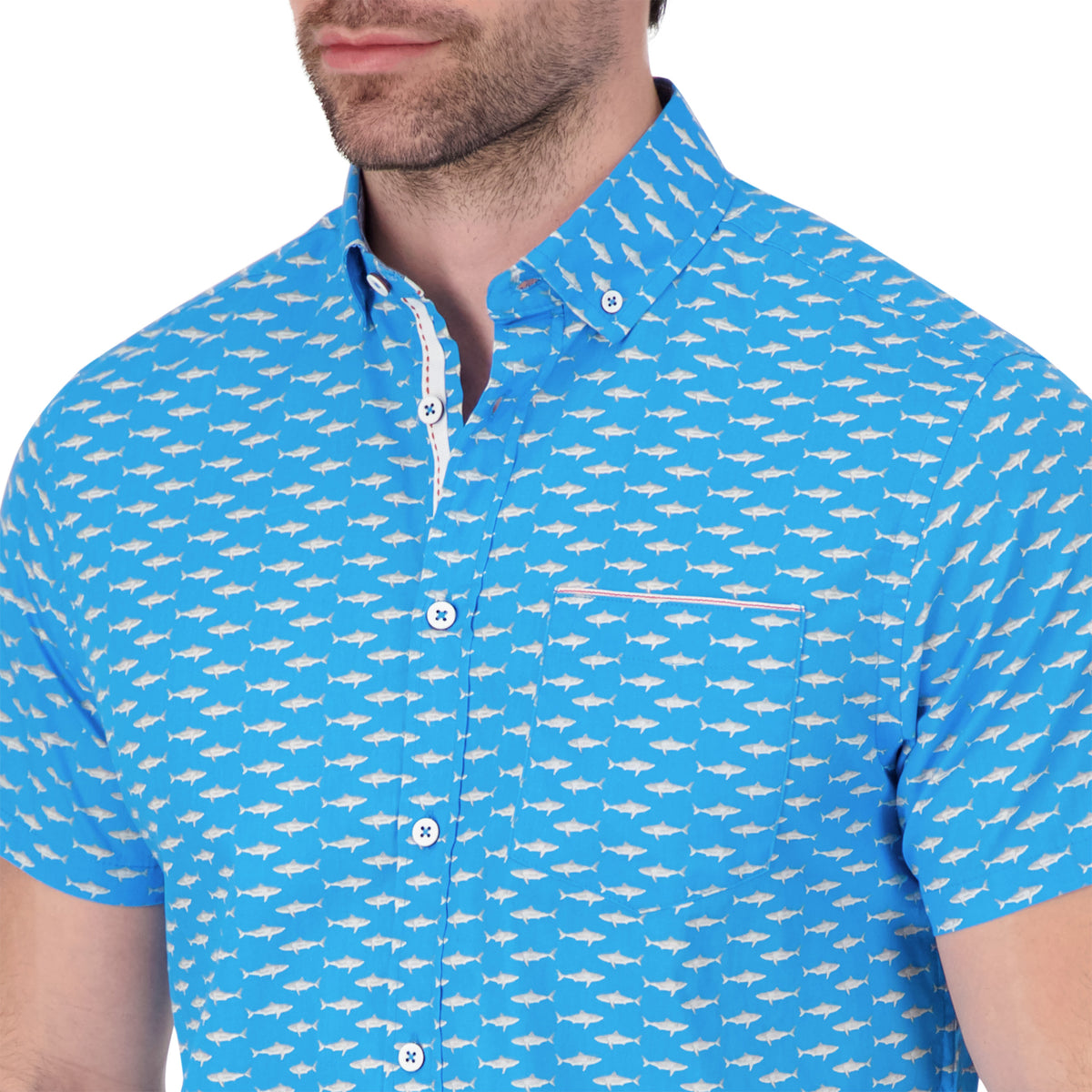 Model Front Up Close View of Short Sleeve Shirt with Shark Print in Blue