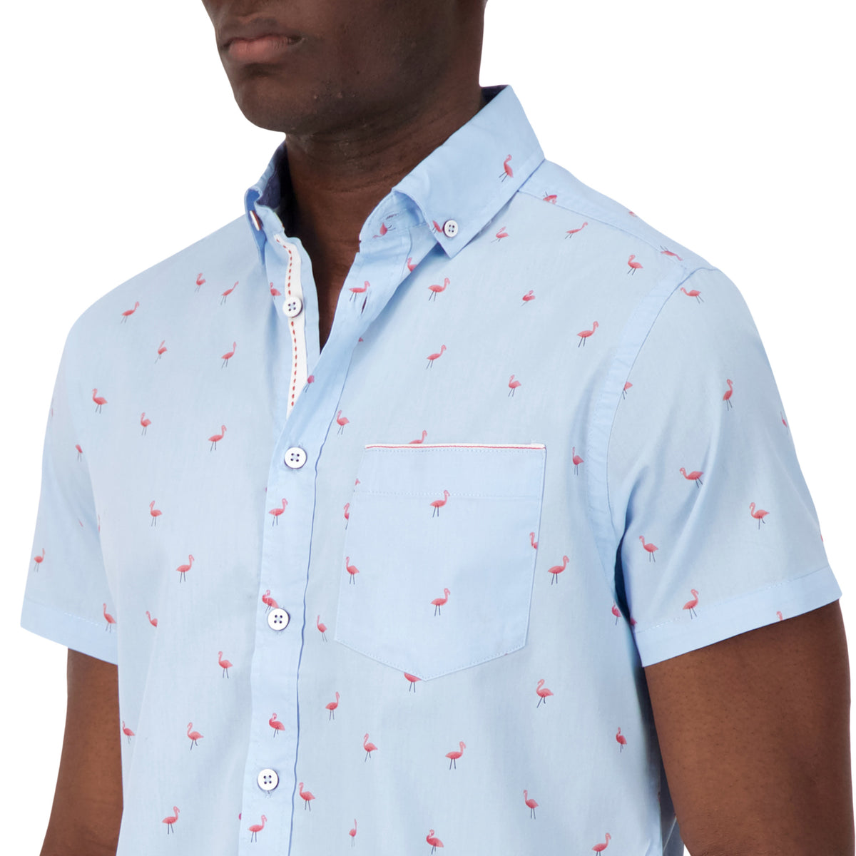 Model Front Close Up View of Short Sleeve Shirt with Flamingo Print in Blue