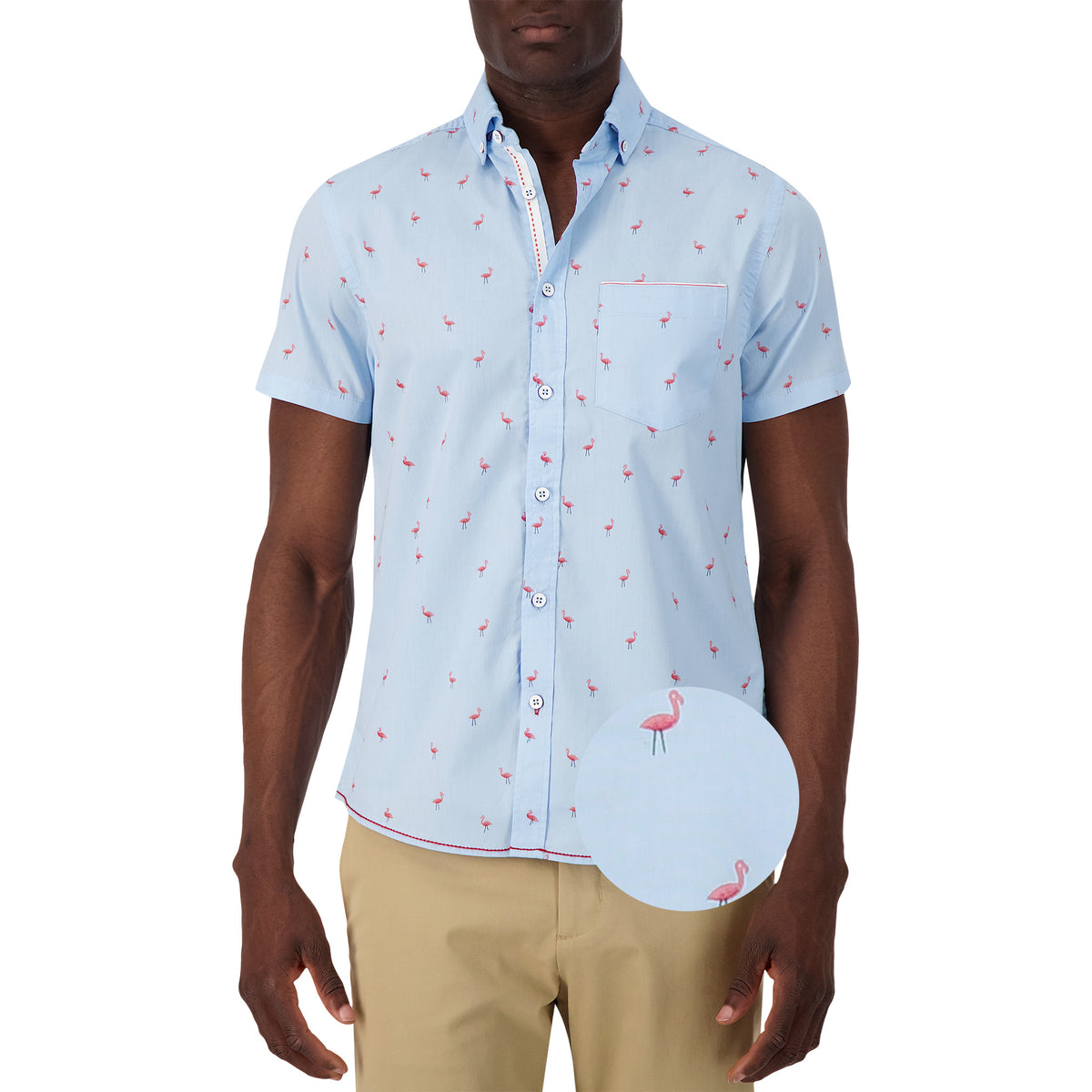Model Front View of Short Sleeve Shirt with Flamingo Print in Blue with magnified view of material and print