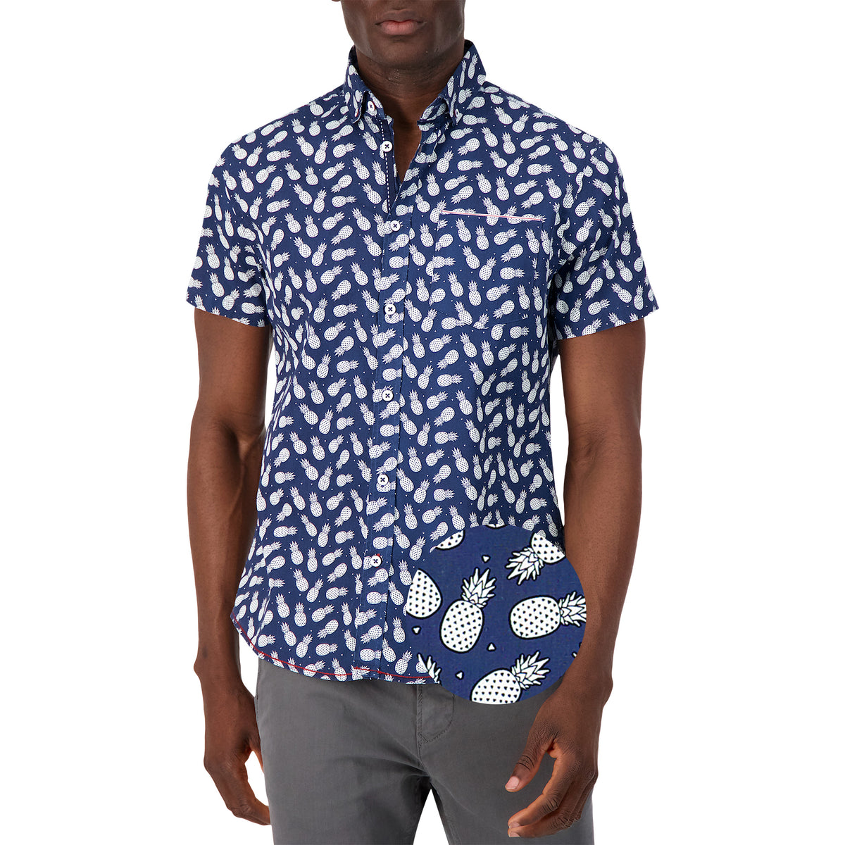 Model Front View of Short Sleeve Shirt with Pineapple Print in Navy with magnified view of material and print