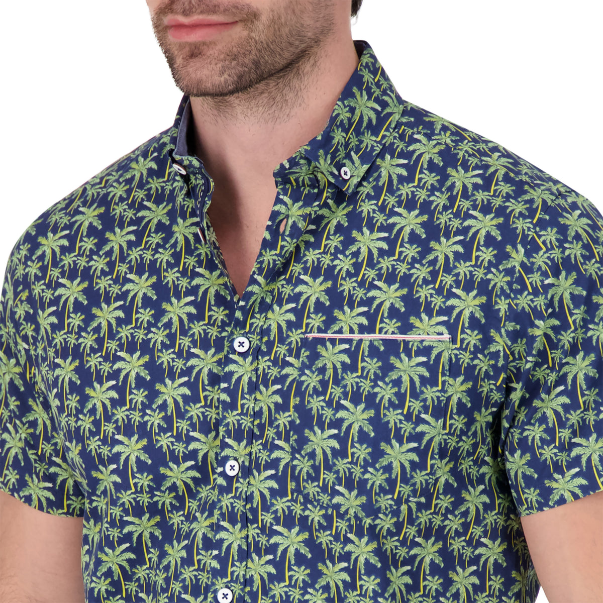 Model Front Up Close View of Short Sleeve Shirt with Palm Tree Print in Navy