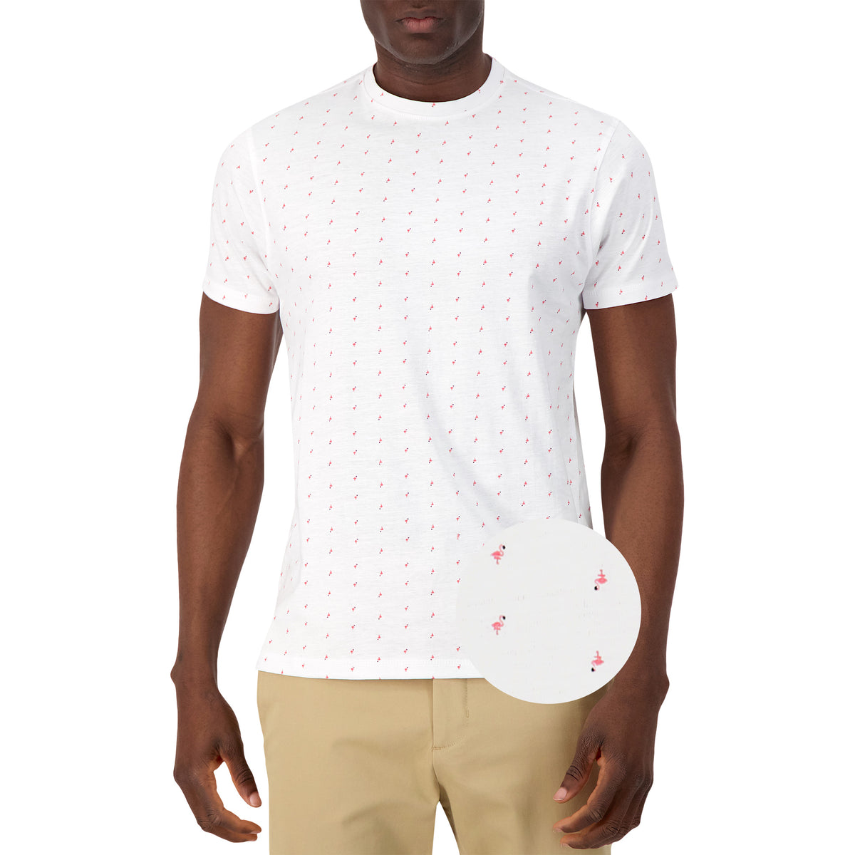 Model Front View of Short Sleeve Shirt with Flamingo Print in White with magnified view of material and print