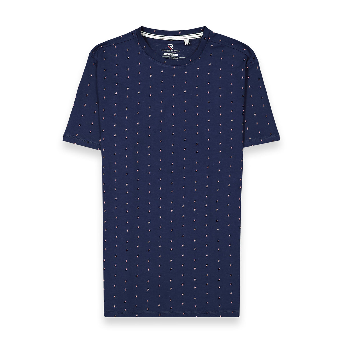 Front View of Short Sleeve Shirt with Flamingo Print in Navy