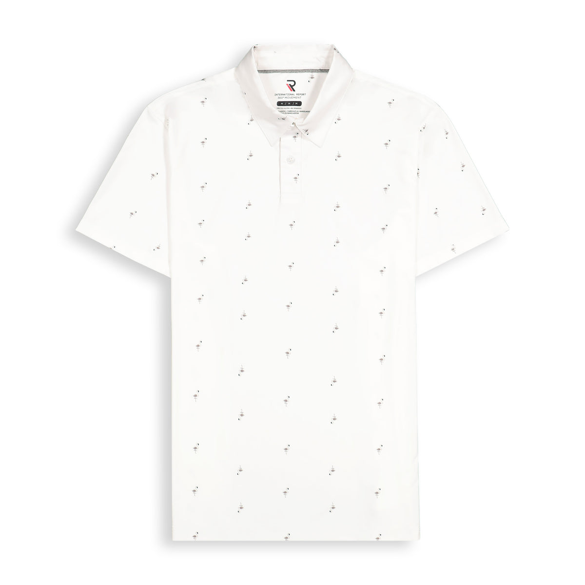 Front View of Short Sleeve Performance Stretch Polo with Flamingo Print in White