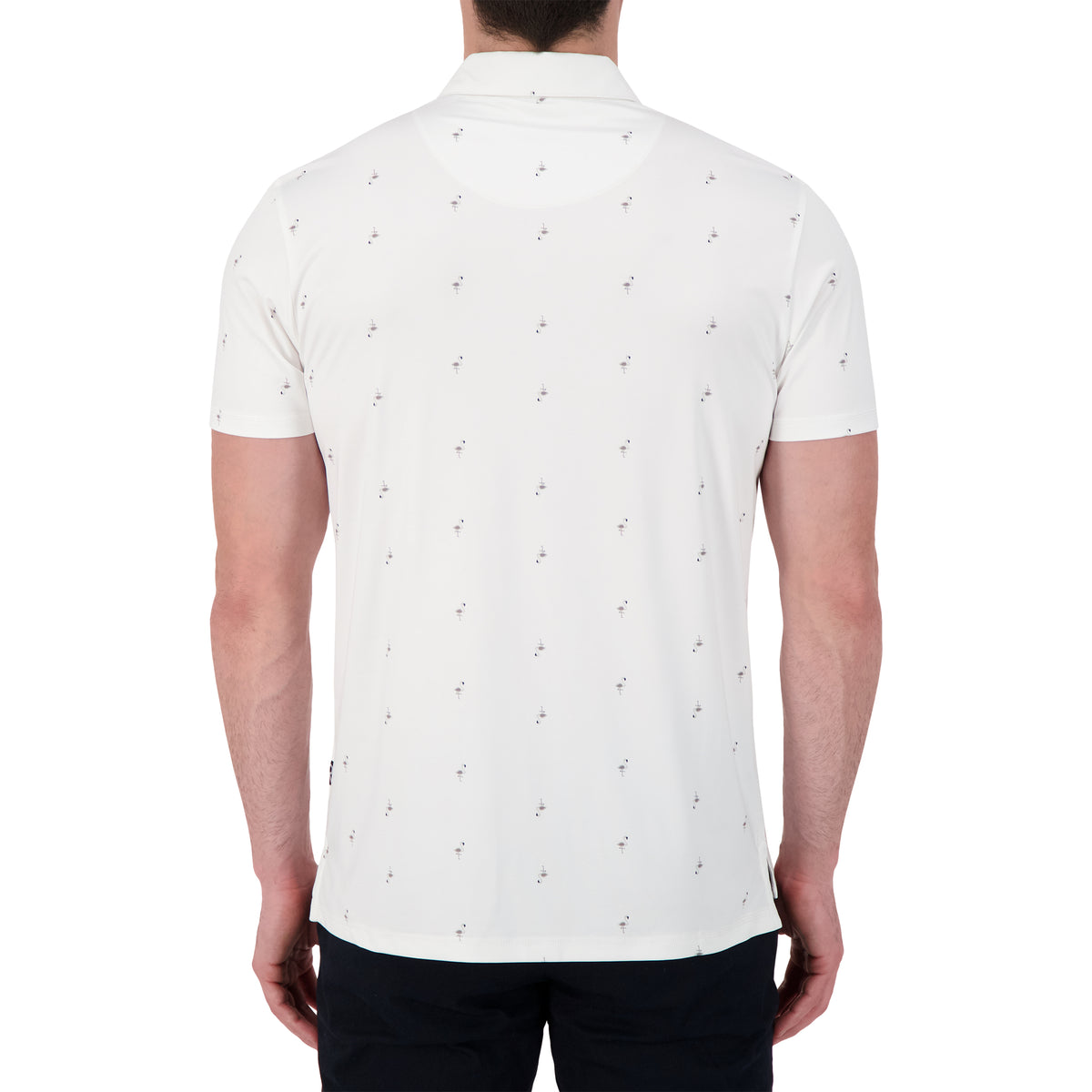 Model Back View of Short Sleeve Performance Stretch Polo with Flamingo Print in White