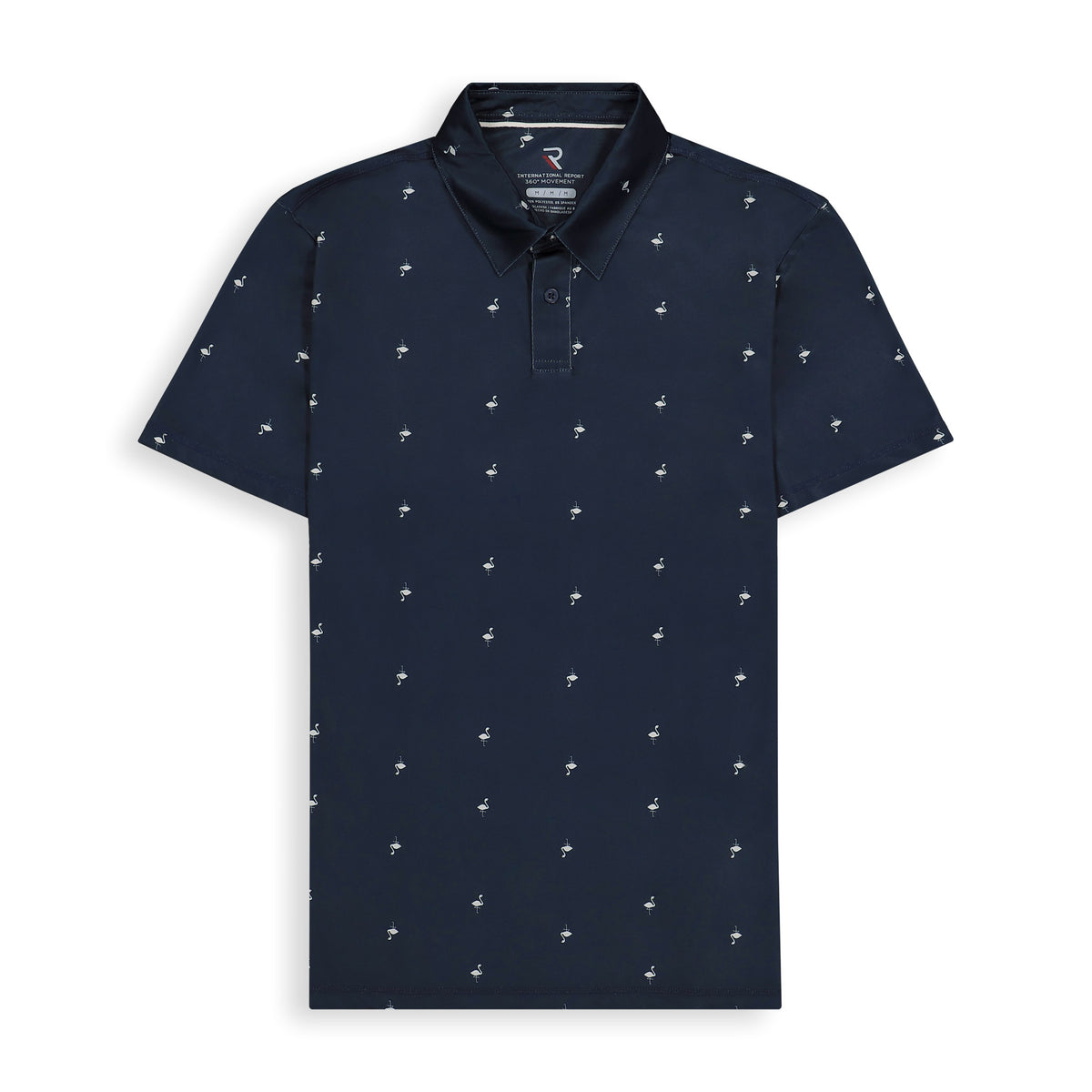 Front View of Short Sleeve Performance Stretch Polo with Flamingo Print in Navy