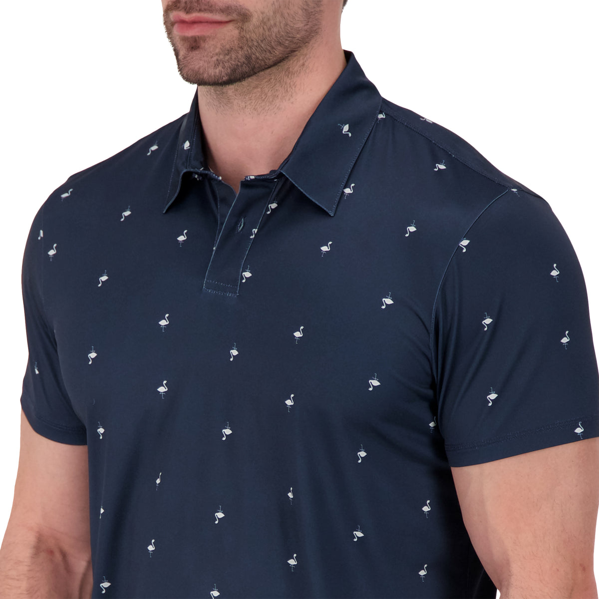 Model Front Up Close View of Short Sleeve Performance Stretch Polo with Flamingo Print in Navy