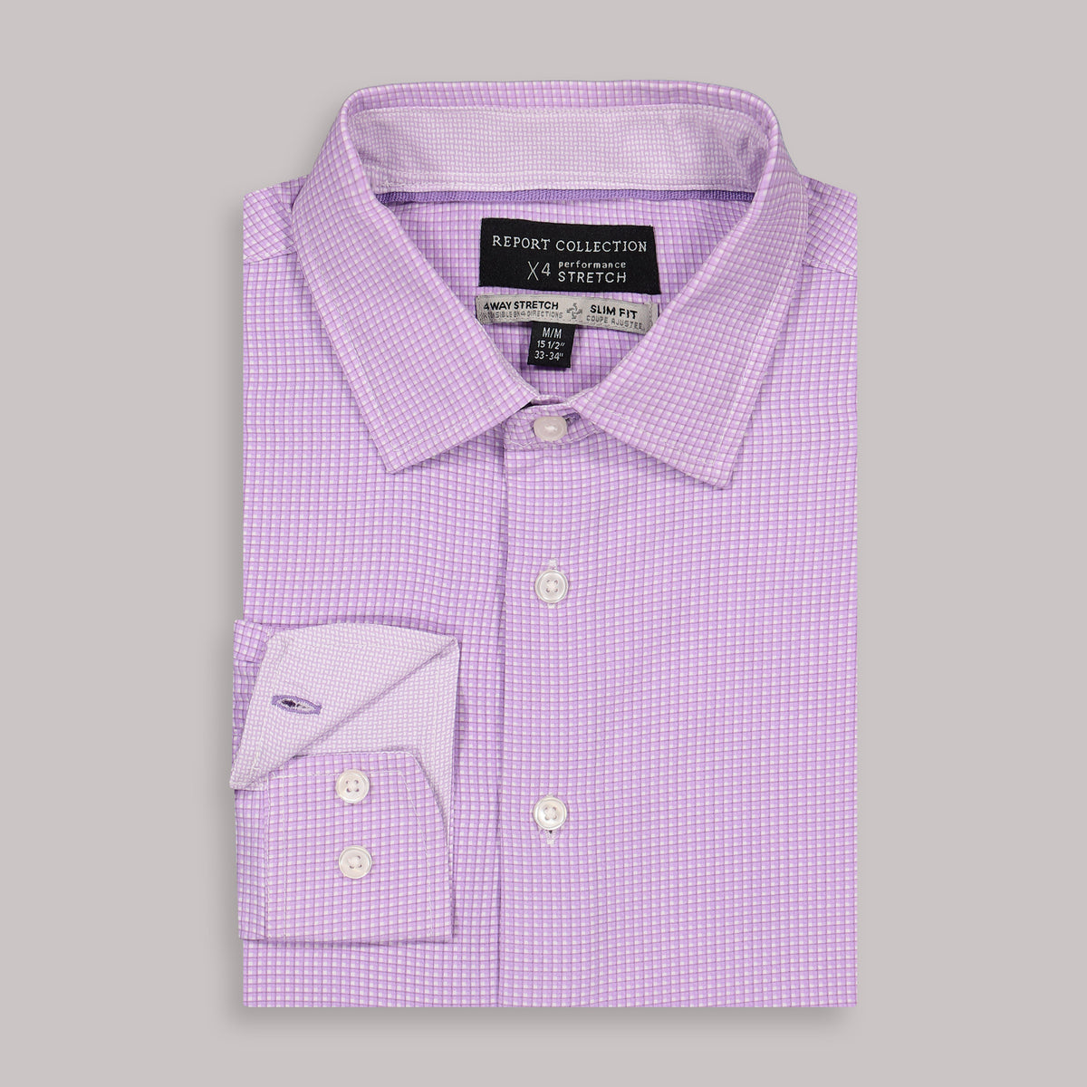 Folded View of Long Sleeve 4-Way Dress Shirt with Check Print in Lavender