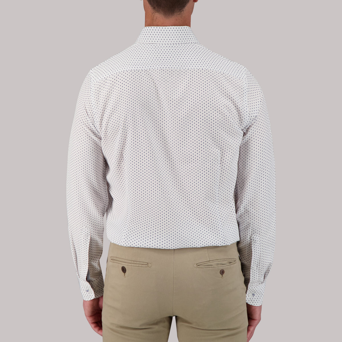 Model Back View of Long Sleeve 4-Way Dress Shirt with Diamond Print in White
