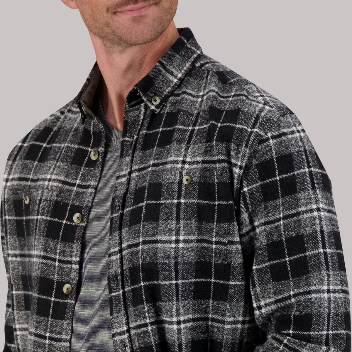 Model Front Up Close View of Recycled Flannel Plaid Over Shirt in Black