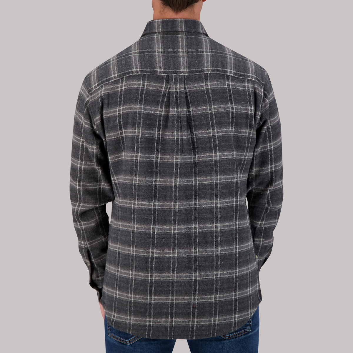 Model Back View of Recycled Flannel Plaid Over Shirt in Grey