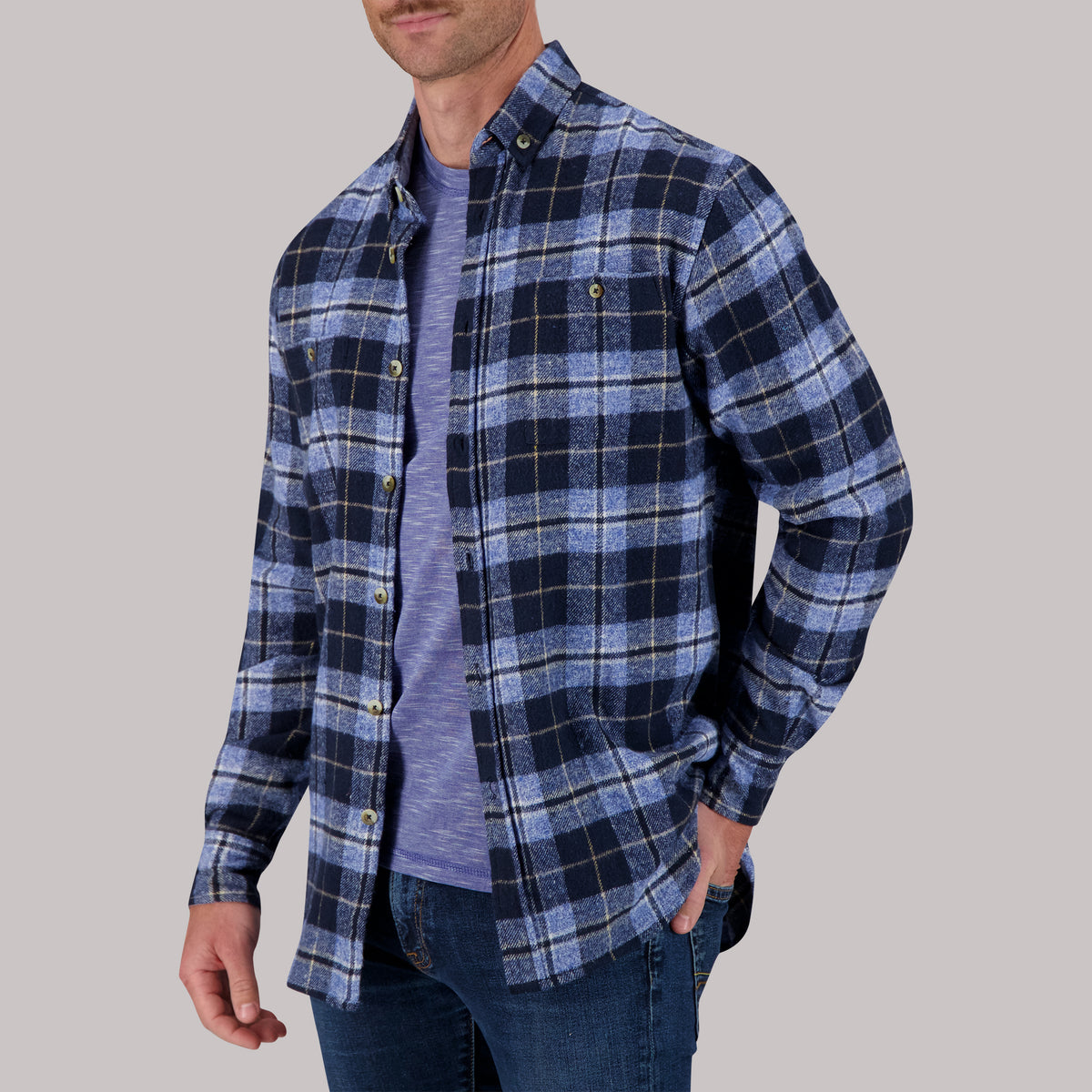 Model Open View of Recycled Flannel Plaid Over Shirt in Blue
