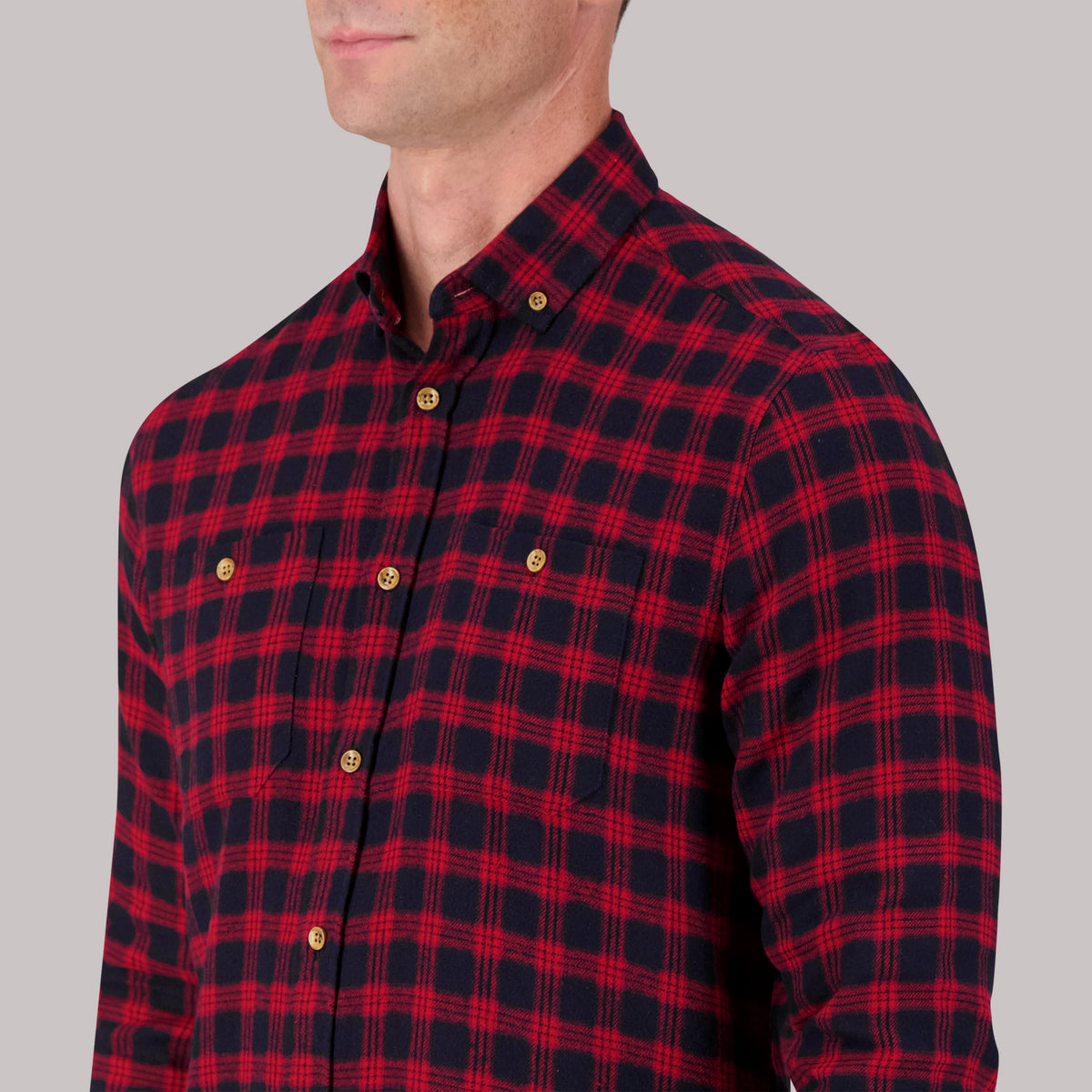 Long Sleeve Cotton Flannel Plaid Woven Sport Shirt in Red