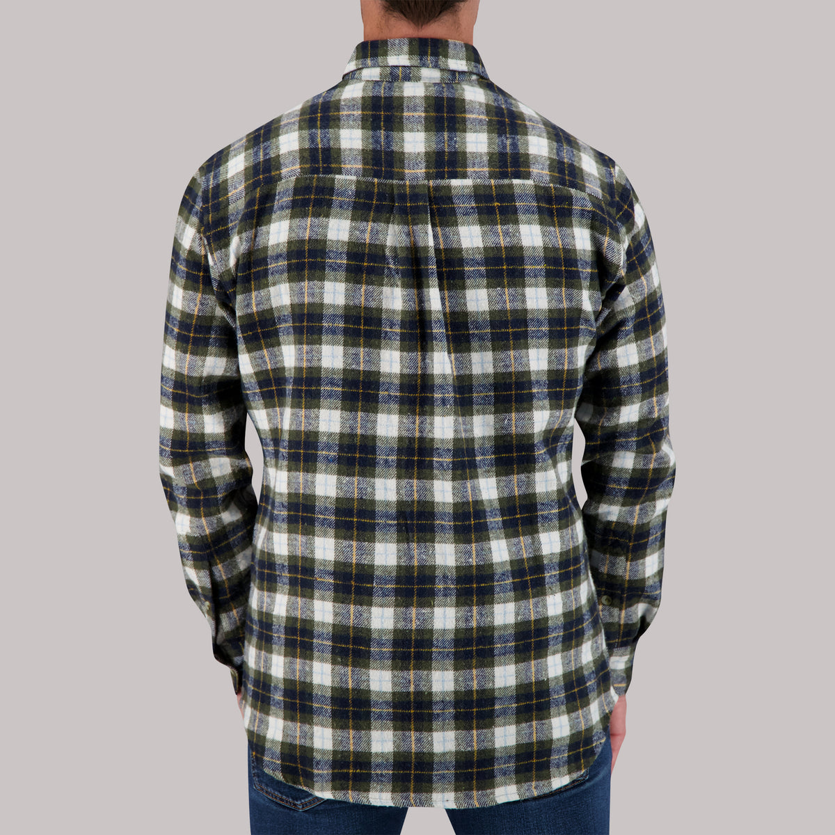 Model Back View of Recycled Flannel Plaid Over Shirt in Green