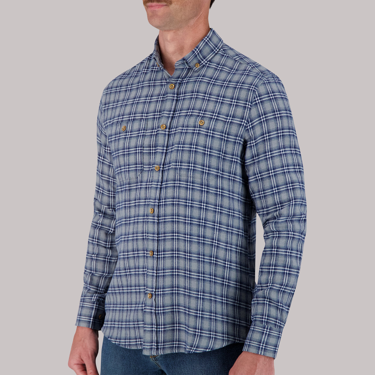 Long Sleeve Cotton Flannel Plaid Woven Sport Shirt in Blue
